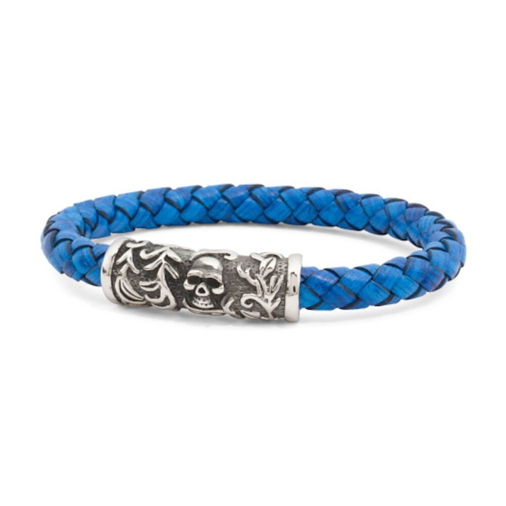 Blackjack Skull Blue Leather & Stainless Steel Bracelet